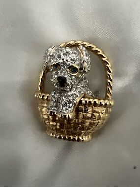 Carolee Gold and Clear Crystal Puppy in Basket Brooch